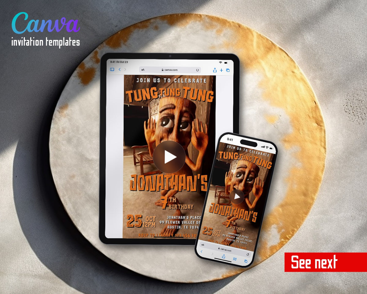italian BrainRot meme Tung Sahur Wooden Stage Video Birthday Invitation | Animated Evite | Editable Canva