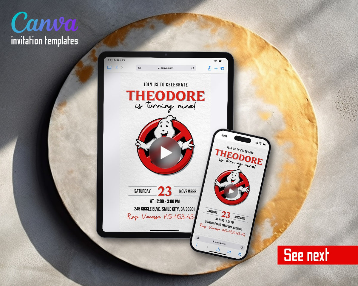 Ghostbusters Clean White Red Logo Video Birthday Invitation | Animated Evite | Editable Canva