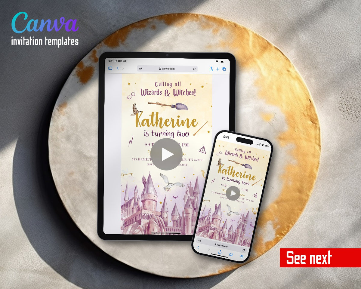 Harry Potter Watercolor Castle Lilac Video Birthday Invitation | Animated Evite | Editable Canva
