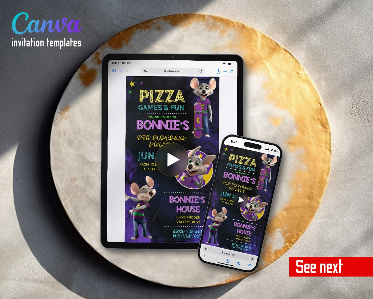 Chuck E. Cheese Purple Pizza Arcade Mice Video Birthday Invitation | Animated Evite | Editable Canva