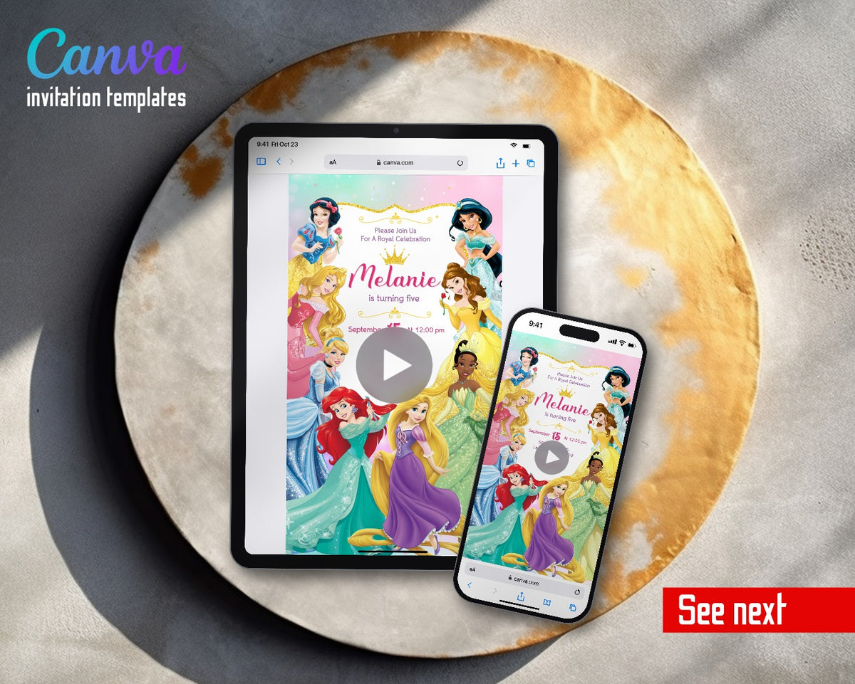 Disney Princess Rainbow Gradient Princesses Video Birthday Invitation | Animated Evite | Editable Canva