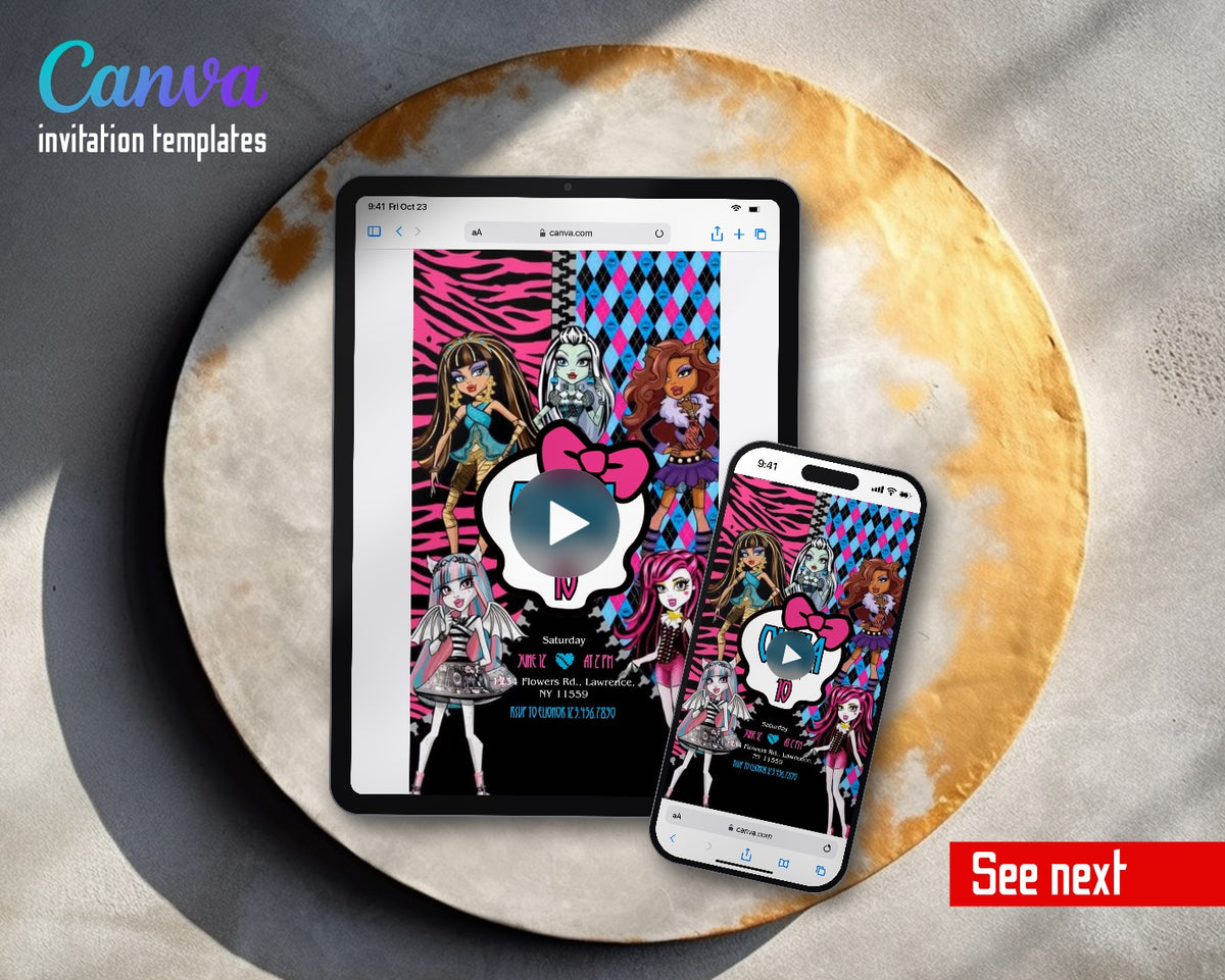 Monster High Zebra Argyle Bow Bubble Video Birthday Invitation | Animated Evite | Editable Canva