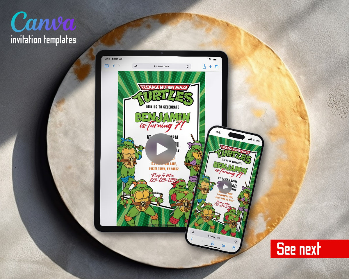 Teenage Mutant Ninja Turtles Classic Green Stripes Video Birthday Invitation | Animated Evite | Editable Canva
