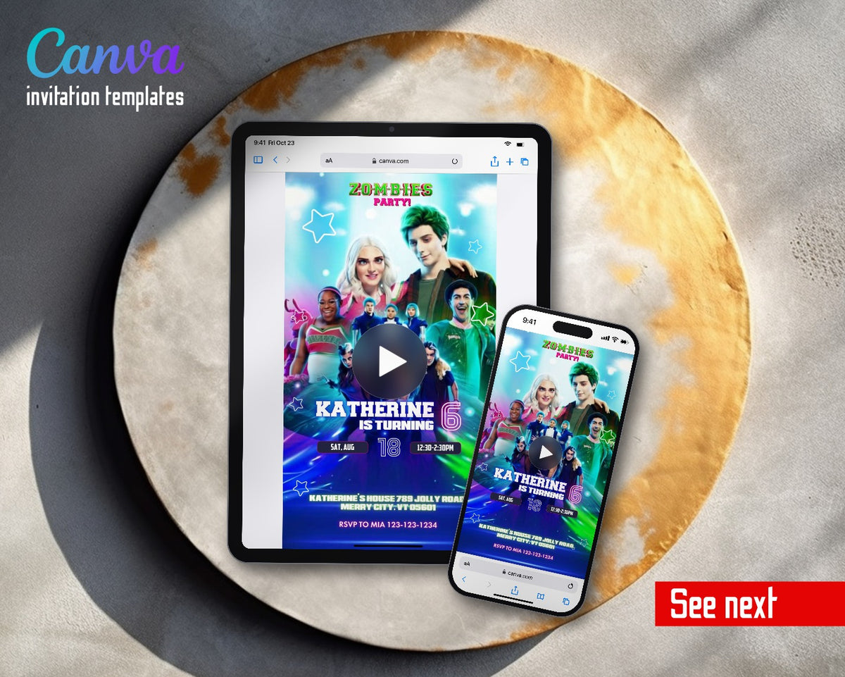 Zombies 3 Halloween Neon Cast Blue Video Birthday Invitation | Animated Evite | Editable Canva