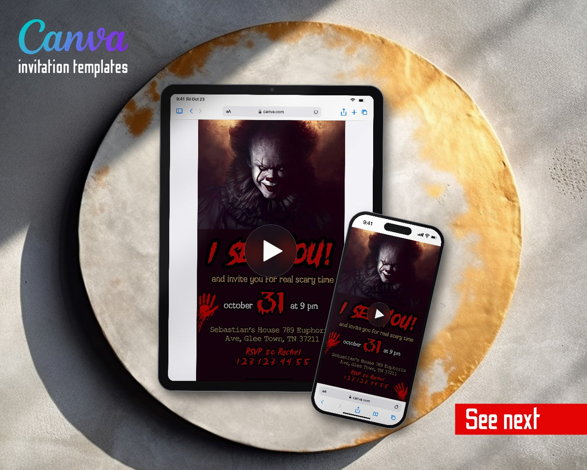 Horror Killer Movie Party Pennywise I See You Video Birthday Invitation | Animated Evite | Editable Canva
