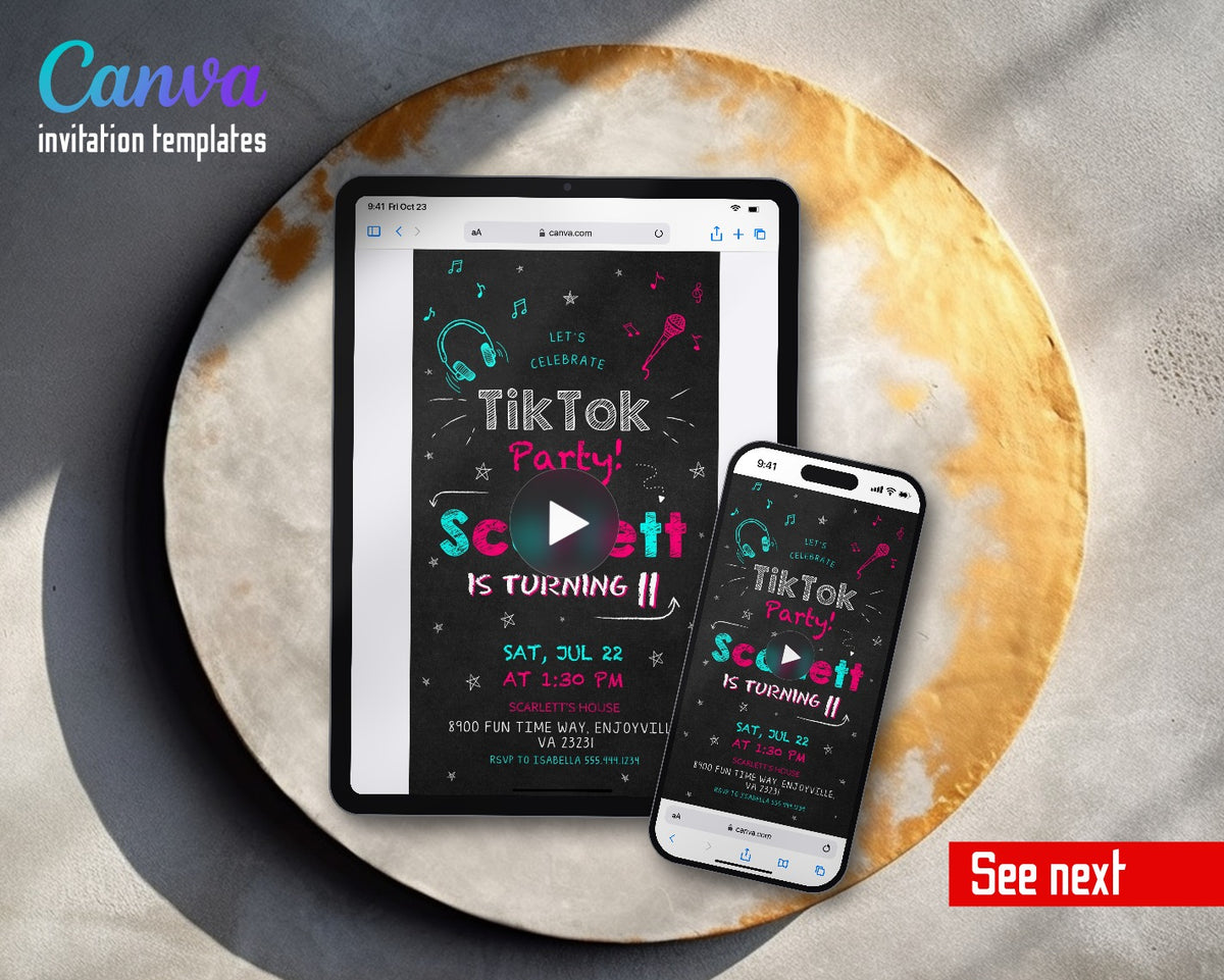 Tik Tok Party Chalkboard TikTok Doodles Video Birthday Invitation | Animated Evite | Editable Canva