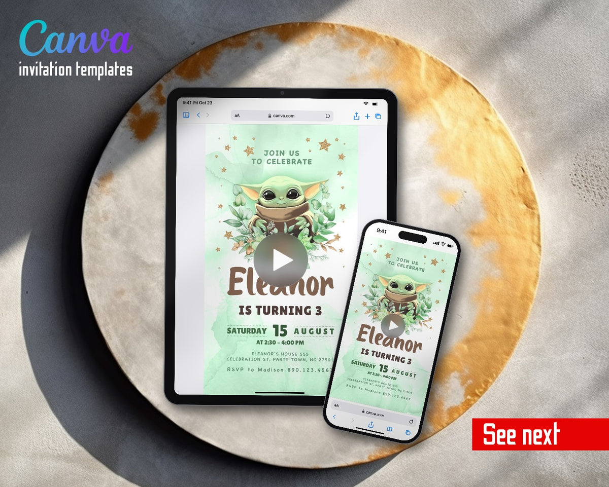 Baby Yoda Grogu Star Wars Mandalorian Mint Floral Video Birthday Invitation | Animated Evite | Editable Canva