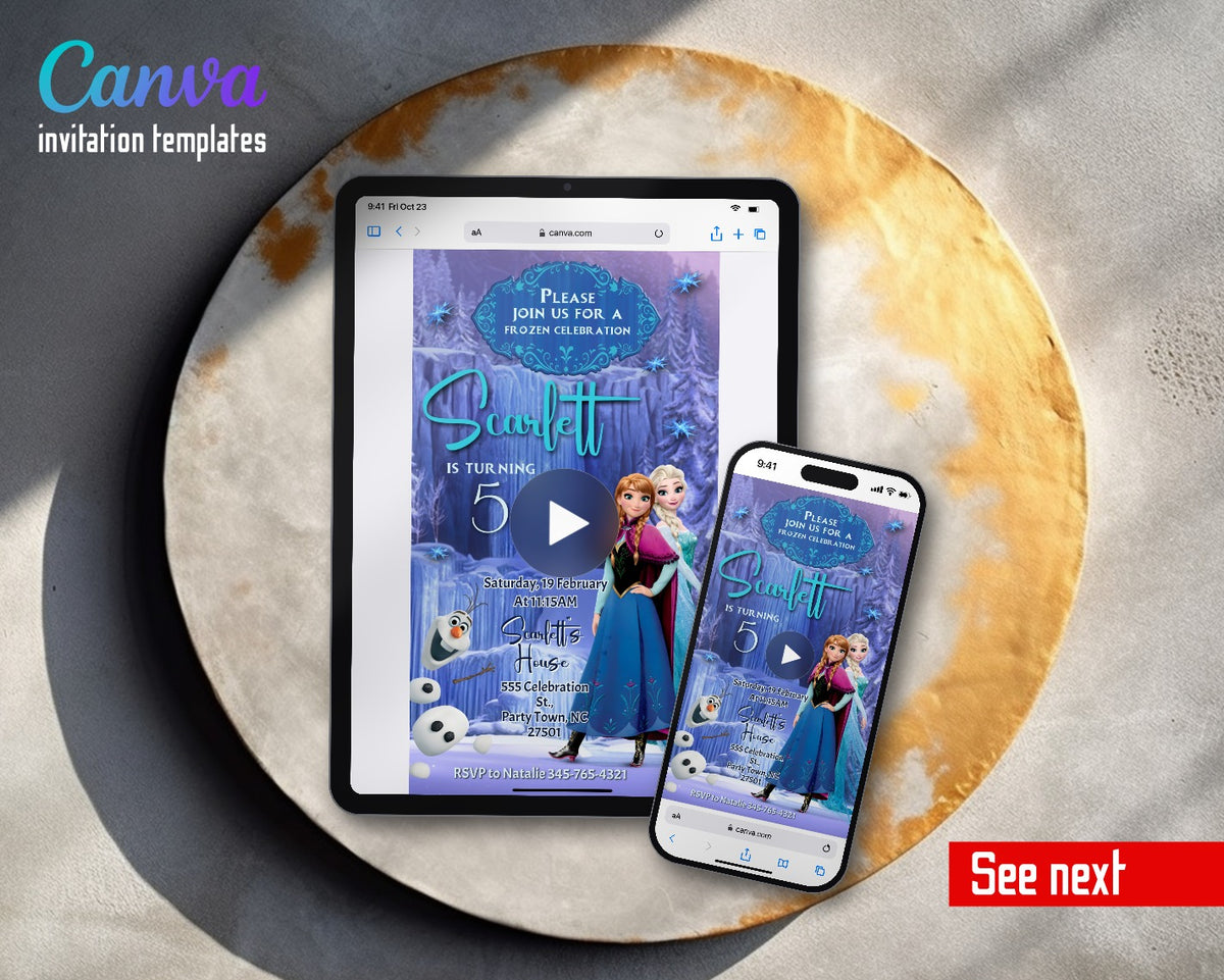 Frozen Elsa Ornate Ice Frame Waterfall Video Birthday Invitation | Animated Evite | Editable Canva