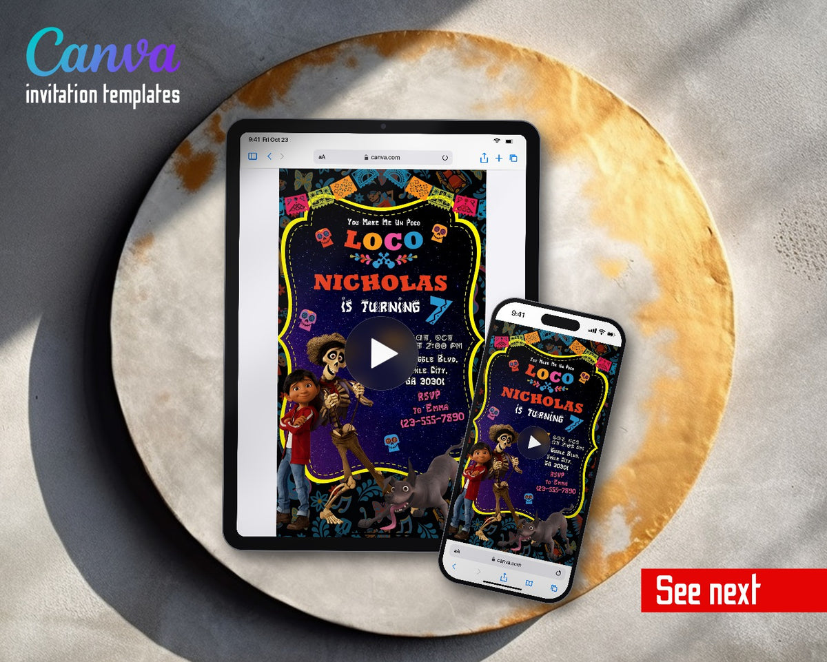Coco Día Muertos Halloween Neon Skeleton Marigold Video Birthday Invitation | Animated Evite | Editable Canva