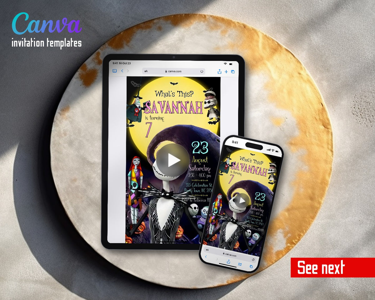 The Nightmare Before Christmas Halloween Giant Moon Jack Video Birthday Invitation | Animated Evite | Editable Canva