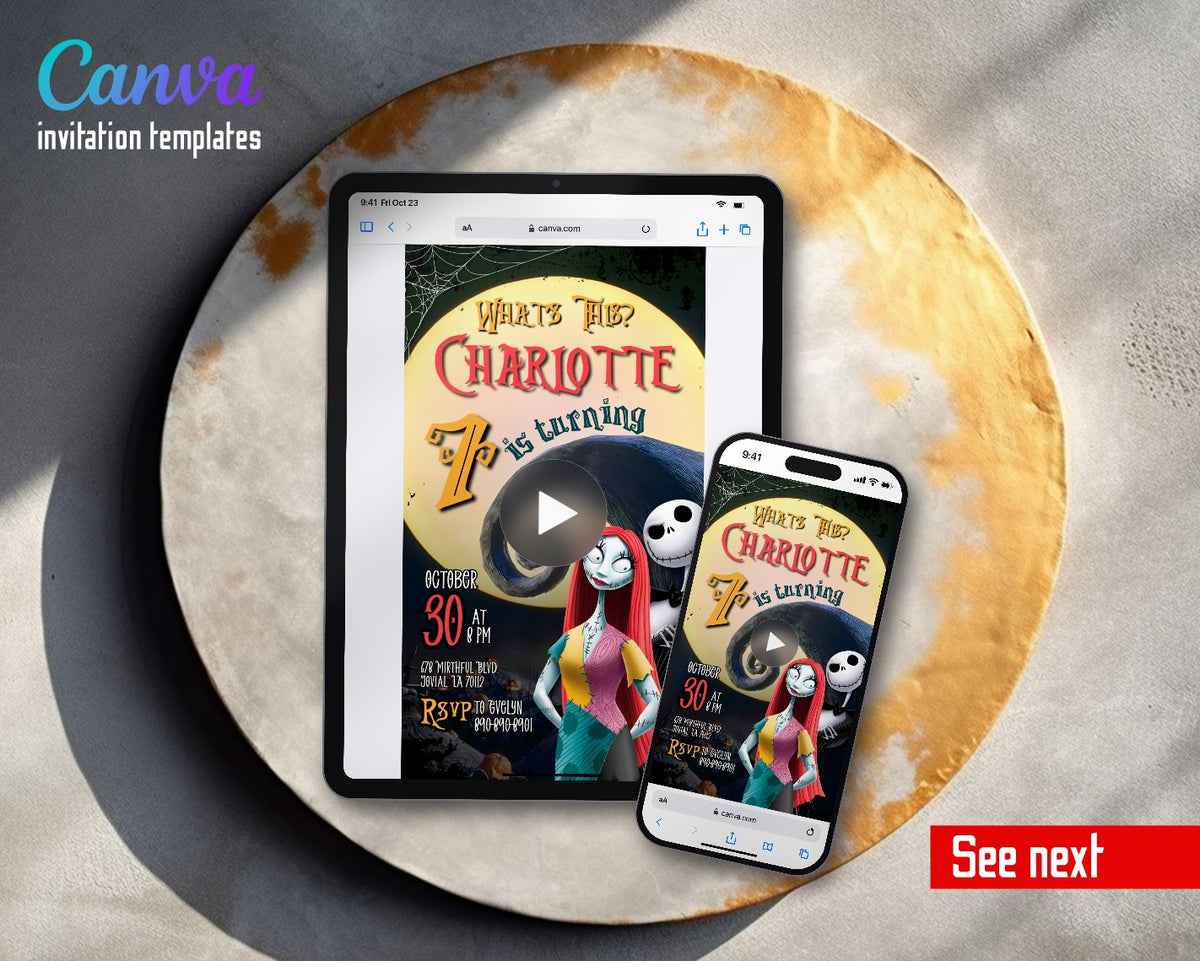 The Nightmare Before Christmas Halloween Yellow Moon Sally Portrait Video Birthday Invitation | Animated Evite | Editable Canva