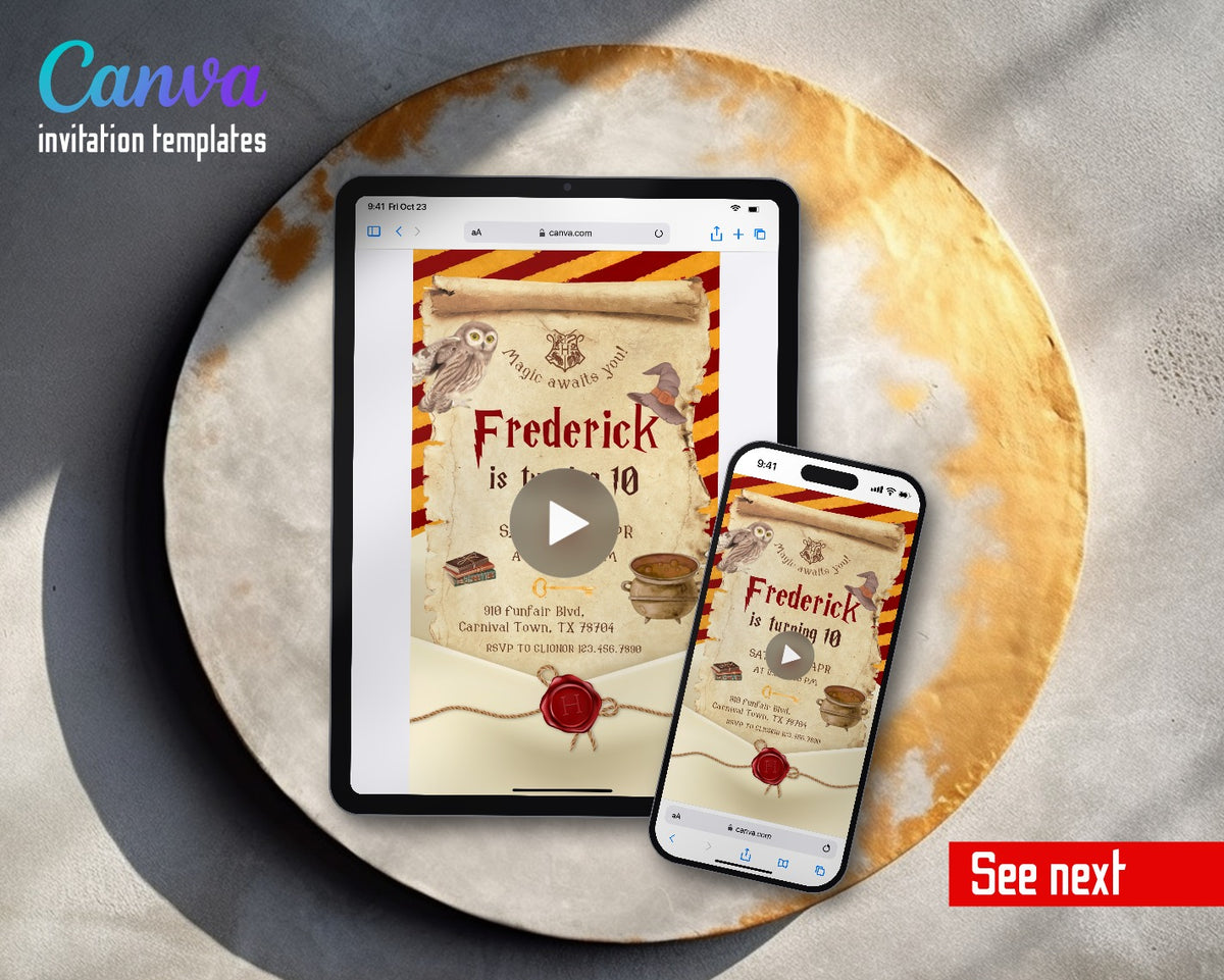 Harry Potter Parchment Wax Seal Scroll Video Birthday Invitation | Animated Evite | Editable Canva