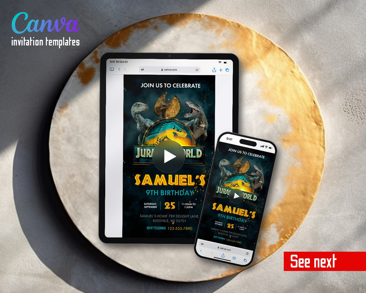 Jurassic World Rebirth Dinosaur Dilophosaurus Teal Logo Video Birthday Invitation | Animated Evite | Editable Canva