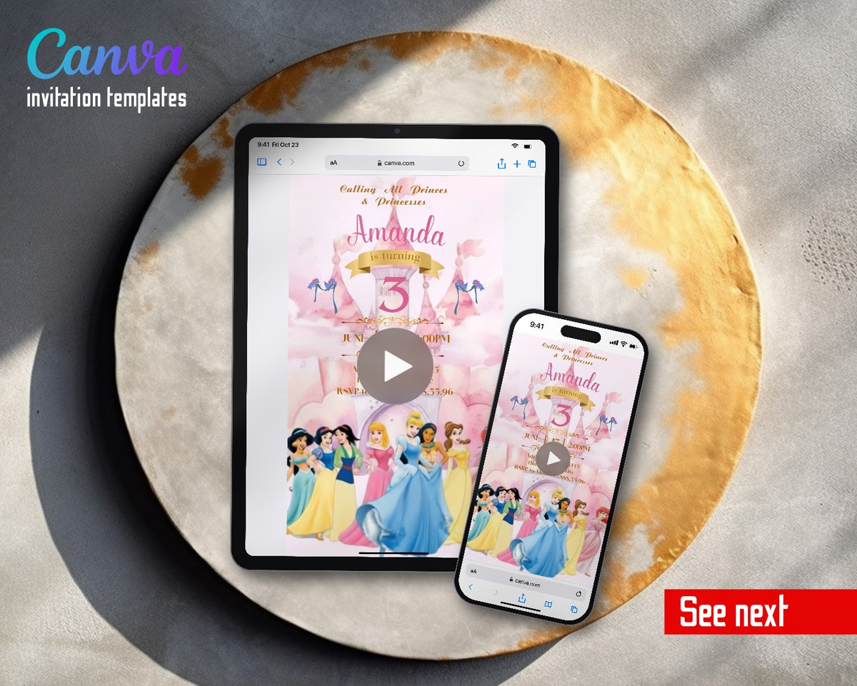 Disney Princess Pink Castle Lineup Video Birthday Invitation | Animated Evite | Editable Canva