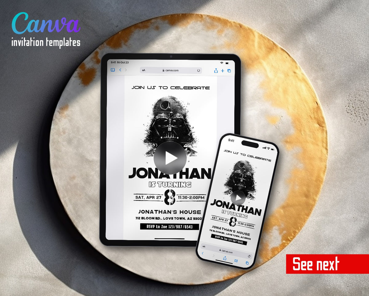 Darth Vader Death Star Ink Video Birthday Invitation | Animated Evite | Editable Canva