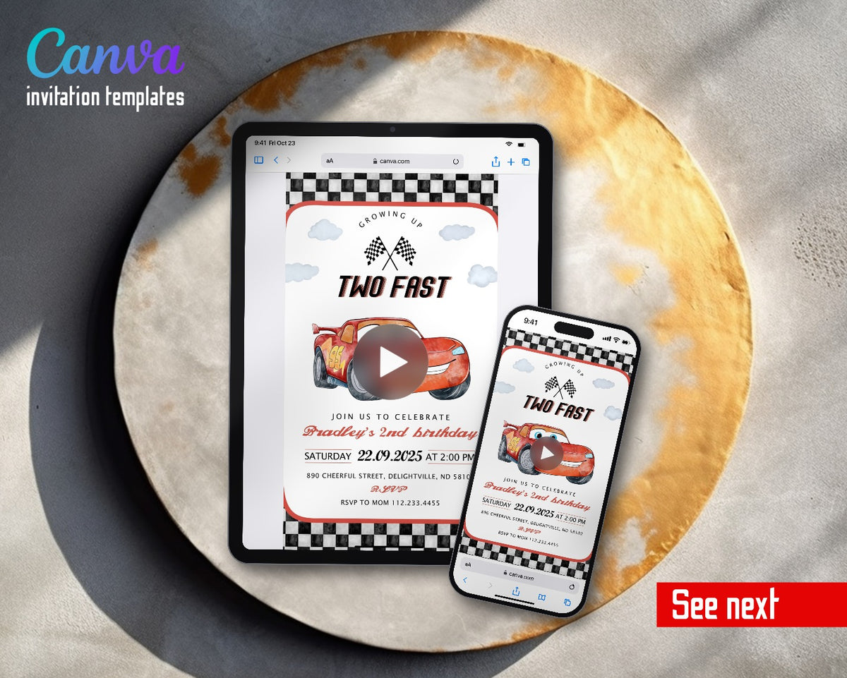 Cars Lightning Mcqueen Two Checkered Border Racer Video Birthday Invitation | Animated Evite | Editable Canva