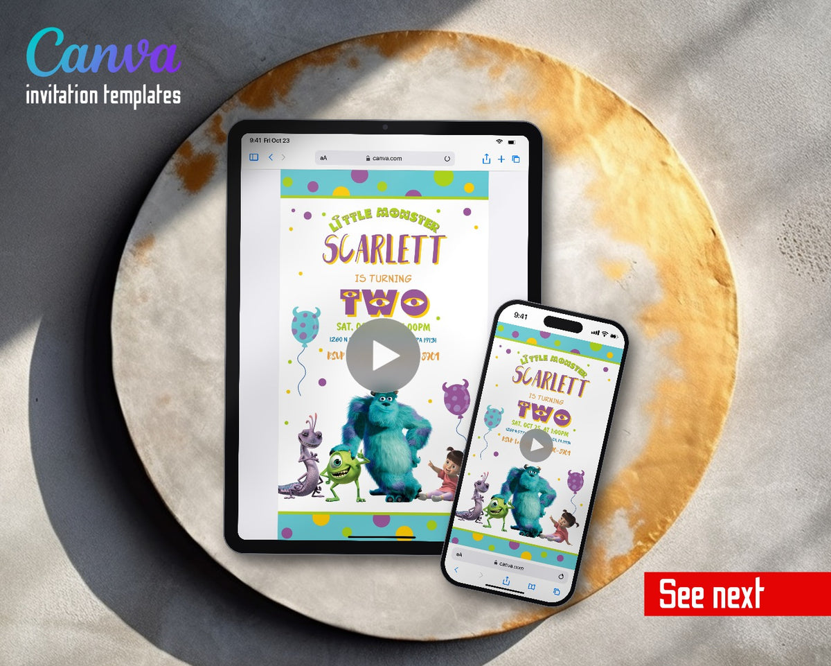Monsters, Inc. Polka Dot Scarlett Two Video Birthday Invitation | Animated Evite | Editable Canva