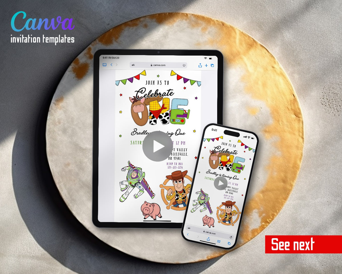 Toy Story Woody Buzz Lightyear Western Brick ONE Video Birthday Invitation | Animated Evite | Editable Canva