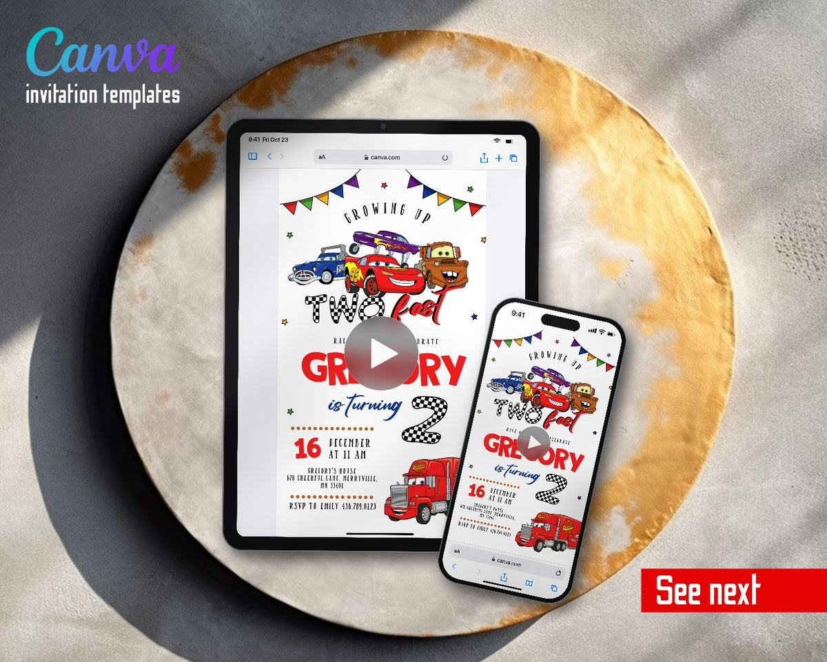 Cars Lightning Mcqueen Two Fast Pennant Trucks Video Birthday Invitation | Animated Evite | Editable Canva