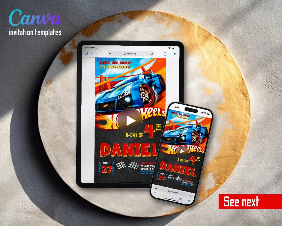 Hot Wheels Racing Flaming Orange Track Video Birthday Invitation | Animated Evite | Editable Canva