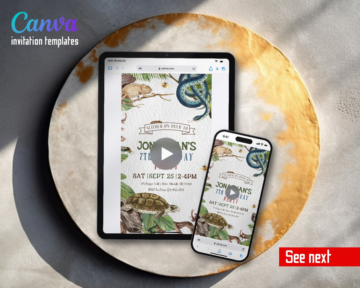 Reptile Lizard Snake Vintage Slither Snakes Video Birthday Invitation | Animated Evite | Editable Canva