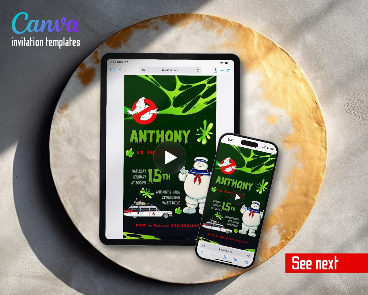 Ghostbusters Slime Dripping Ecto-1 Video Birthday Invitation | Animated Evite | Editable Canva
