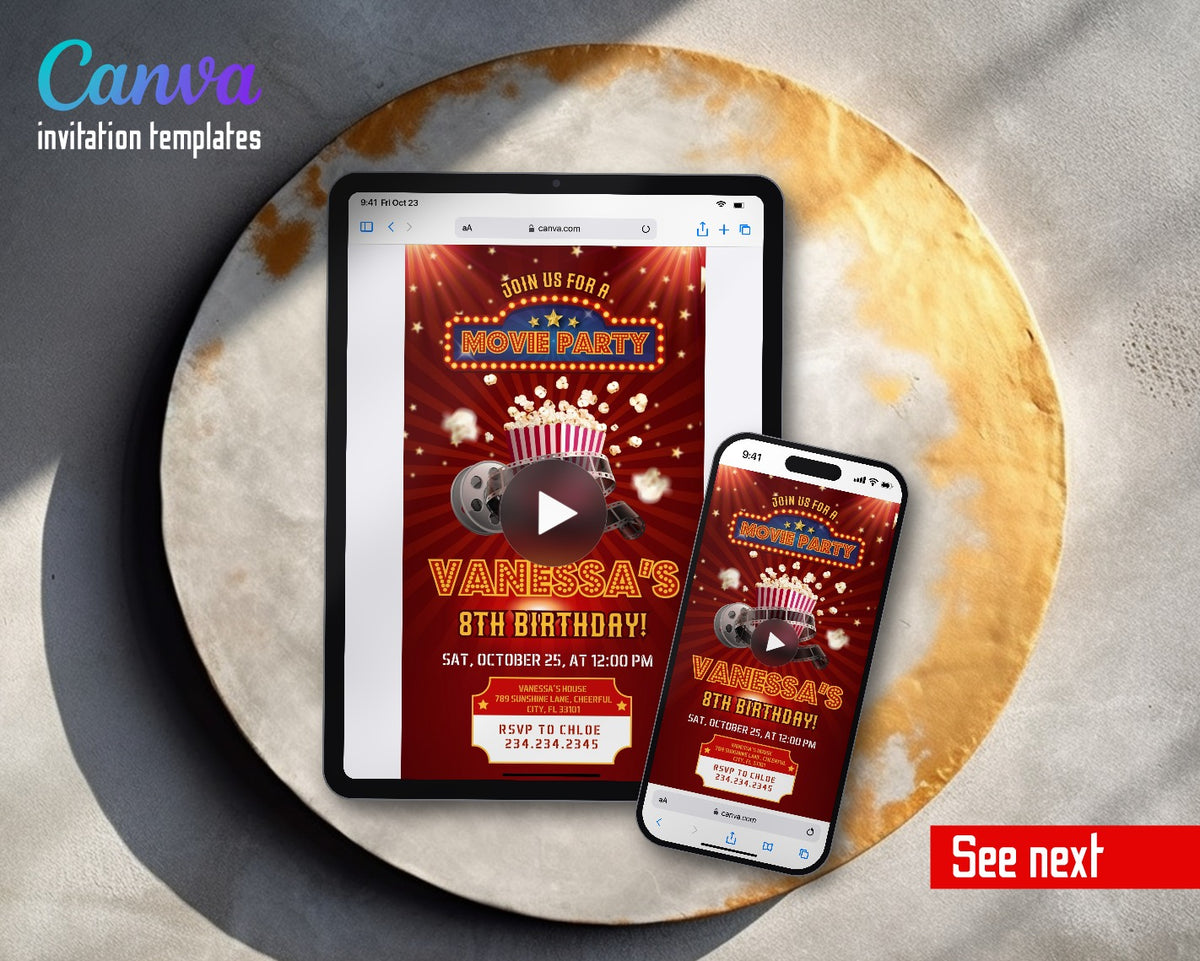 Movie Cinema Red Carpet Party Marquee Popcorn Video Birthday Invitation | Animated Evite | Editable Canva