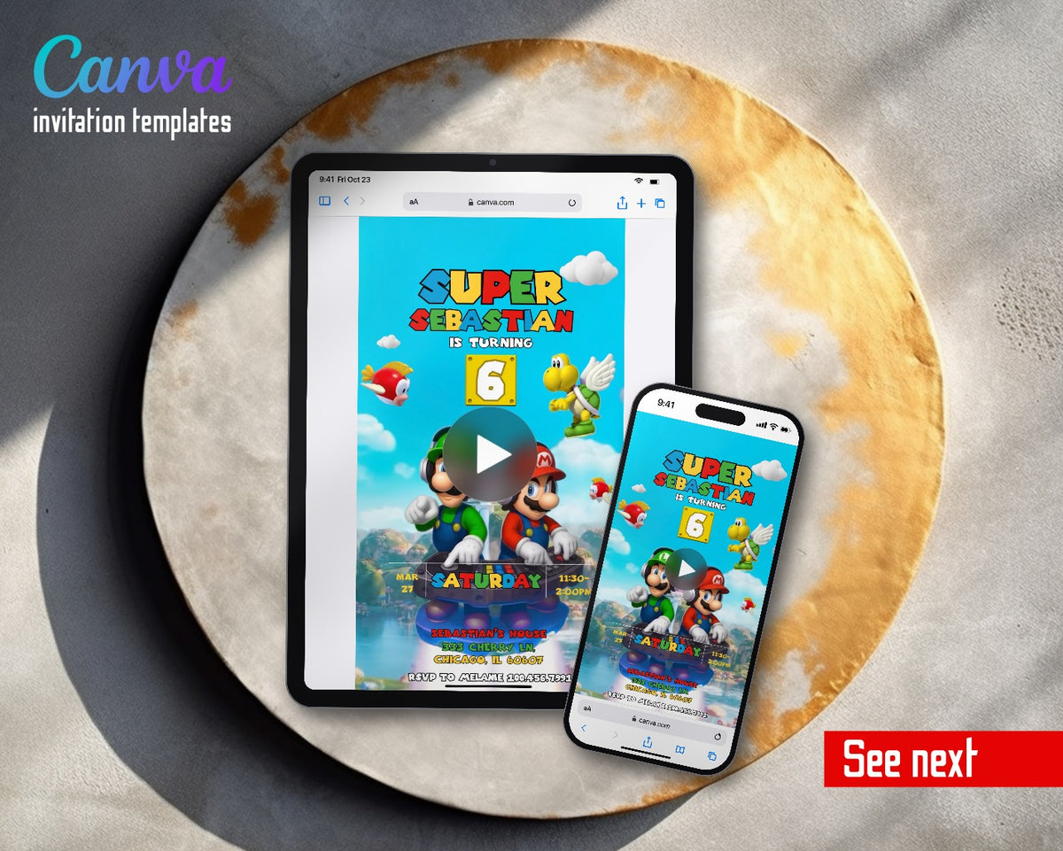 Super Mario Bros DJ Luigi Headphones Video Birthday Invitation | Animated Evite | Editable Canva