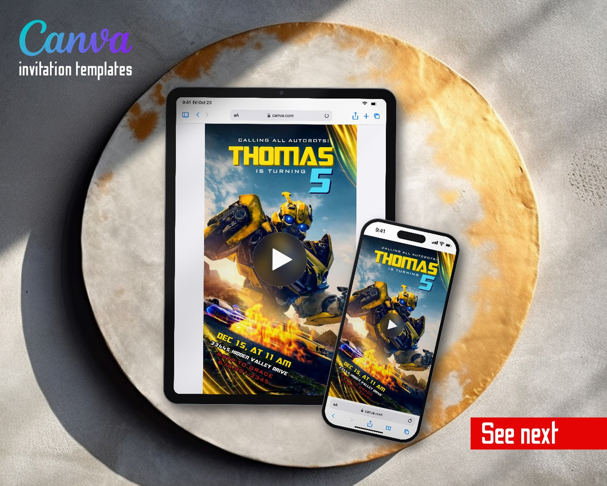 Transformers Rescue Bots Bumblebee Fire Chase Video Birthday Invitation | Animated Evite | Editable Canva