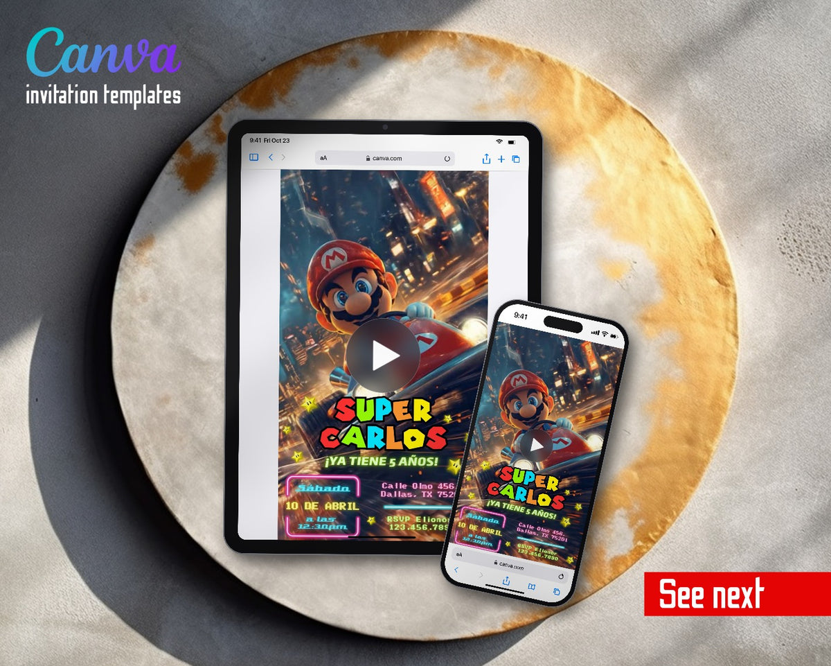 Mario Kart Spanish Neon City Race Video Birthday Invitation | Animated Evite | Editable Canva