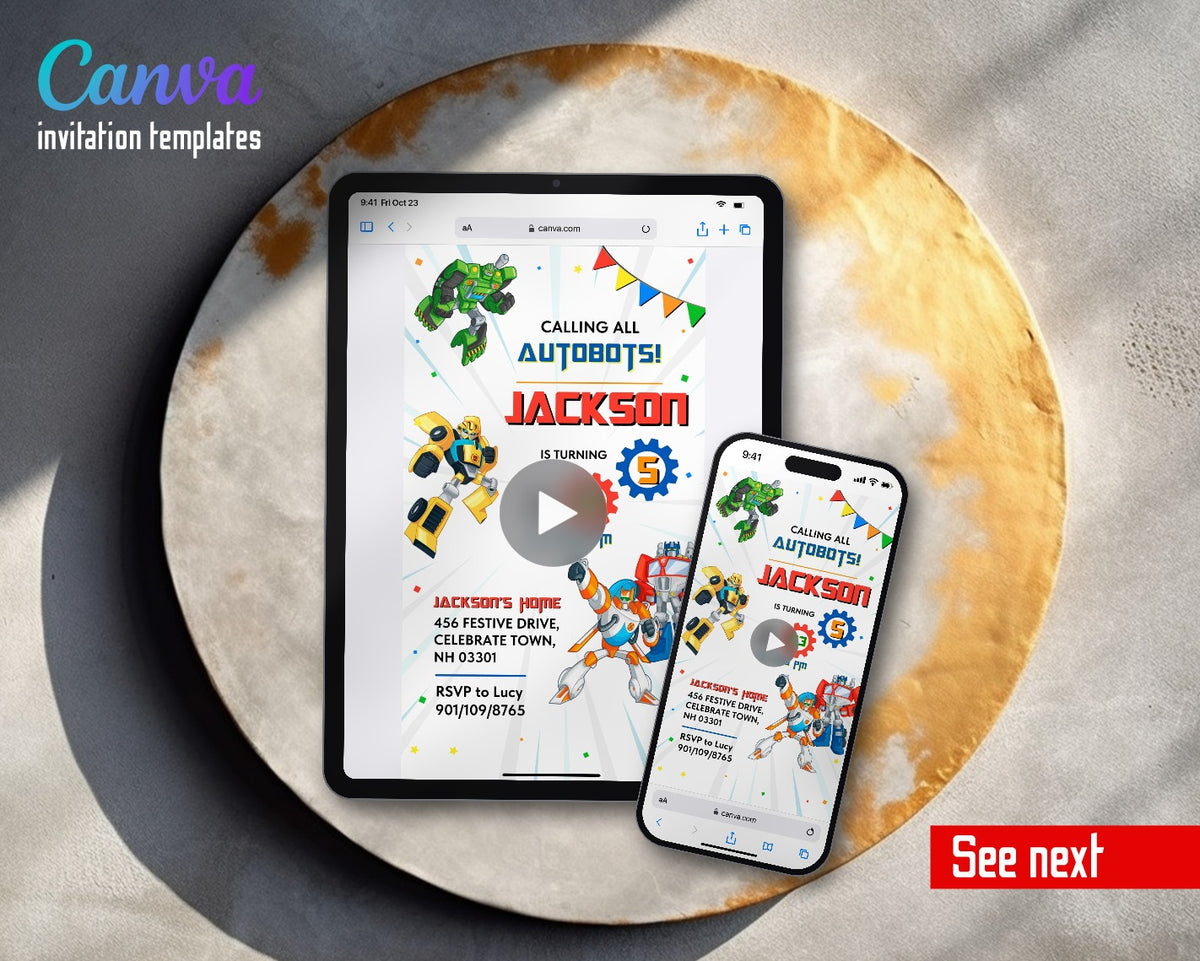 Transformers Rescue Bots Autobots Gear Numbers Video Birthday Invitation | Animated Evite | Editable Canva