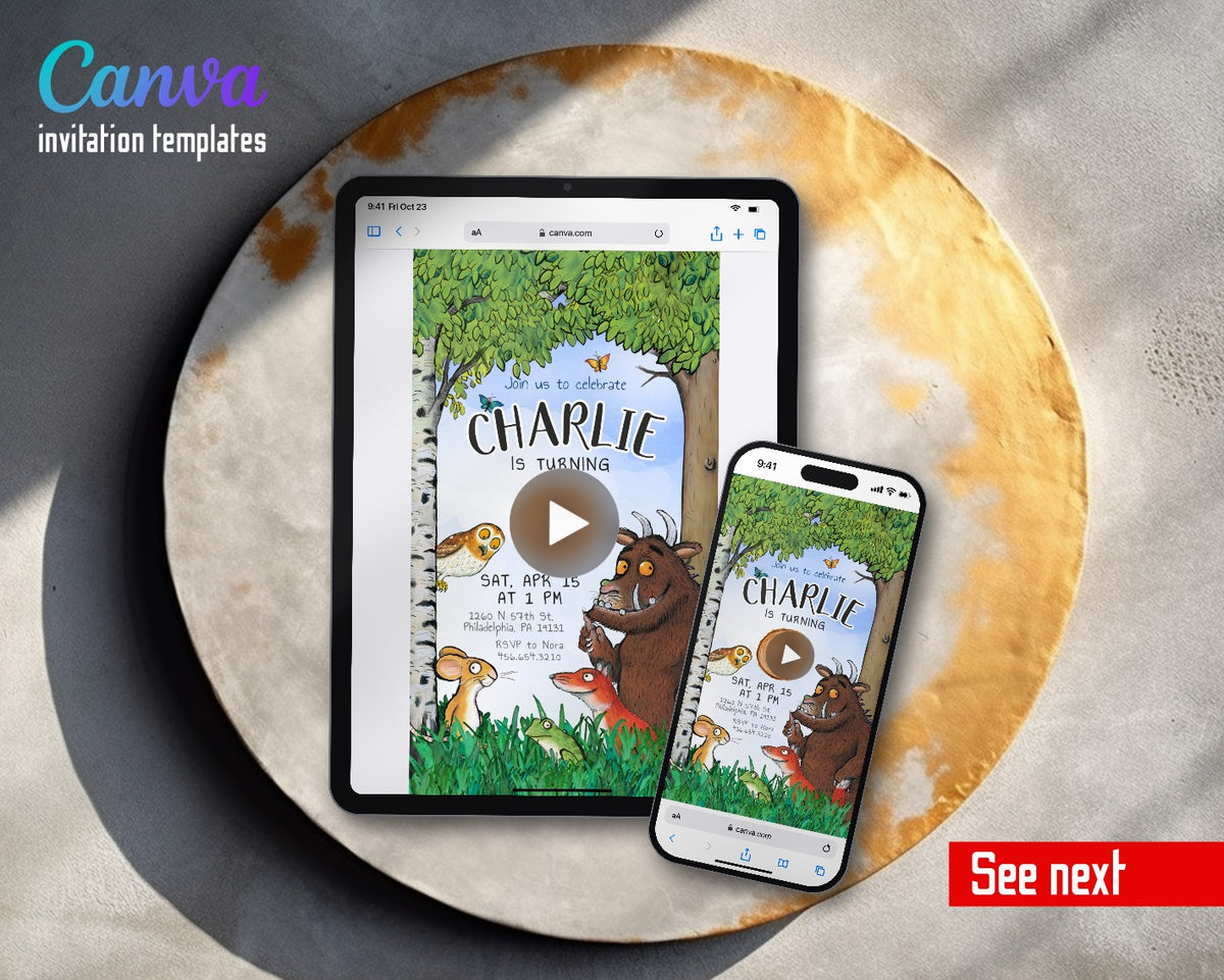 Gruffalo Woodland Log Slice Video Birthday Invitation | Animated Evite | Editable Canva