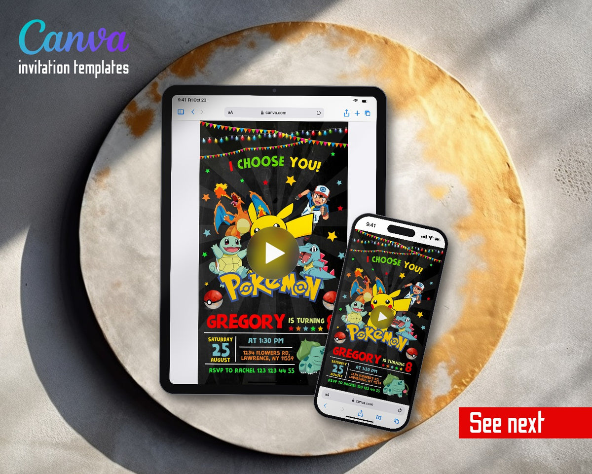 Pokemon Pikachu Chalk Ash Video Birthday Invitation | Animated Evite | Editable Canva