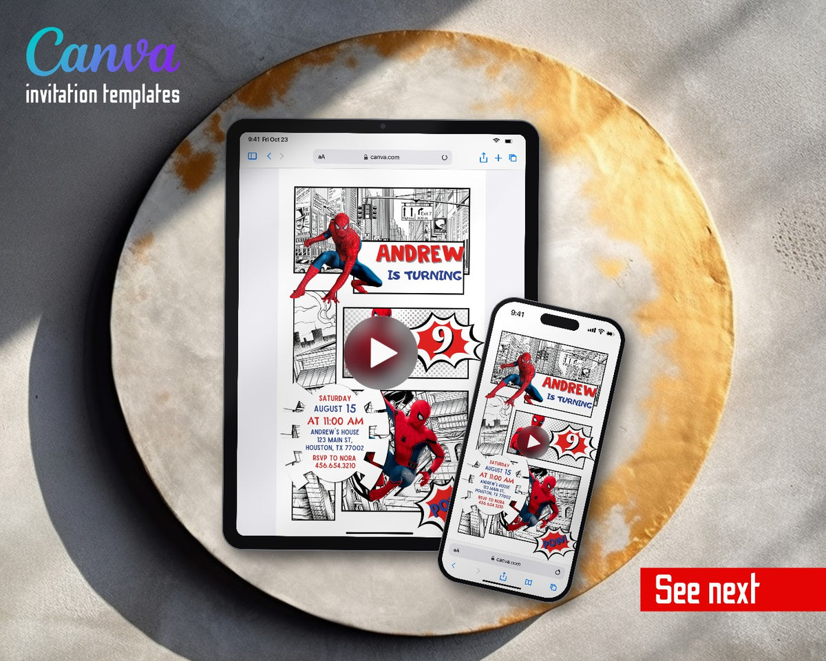 Spiderman Marvel Superhero Comic Panels Spidey Pow Video Birthday Invitation | Animated Evite | Editable Canva