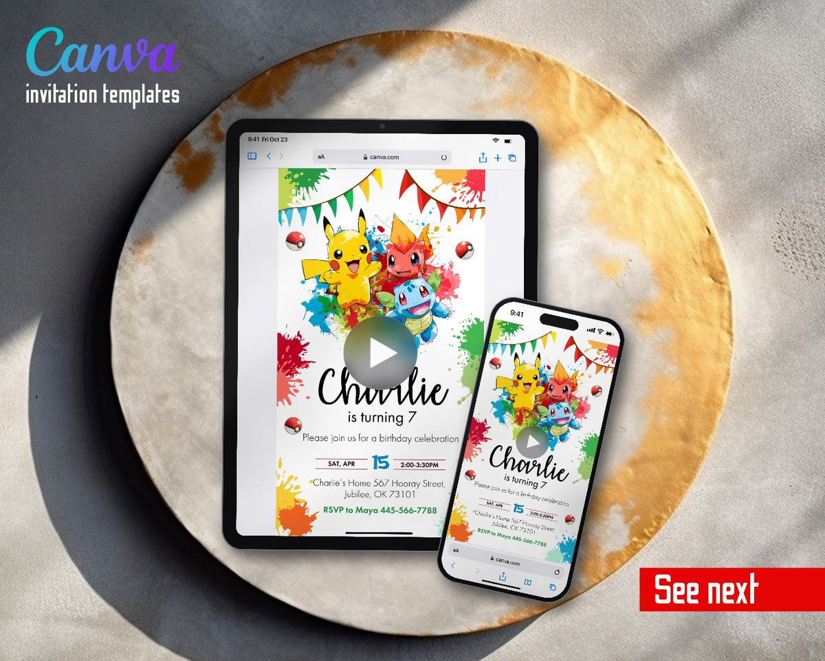 Pokemon Pikachu Paint Splash Starters Video Birthday Invitation | Animated Evite | Editable Canva