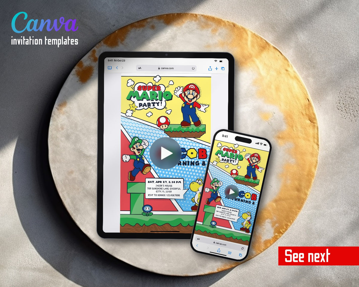 Super Mario Bros Comic Pop Art Party Video Birthday Invitation | Animated Evite | Editable Canva