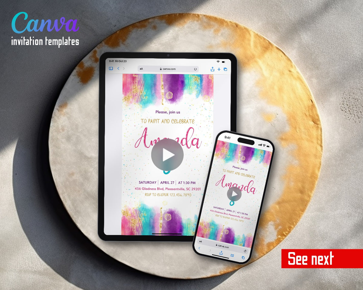 Art Party Paint Splash Watercolor Video Birthday Invitation | Animated Evite | Editable Canva