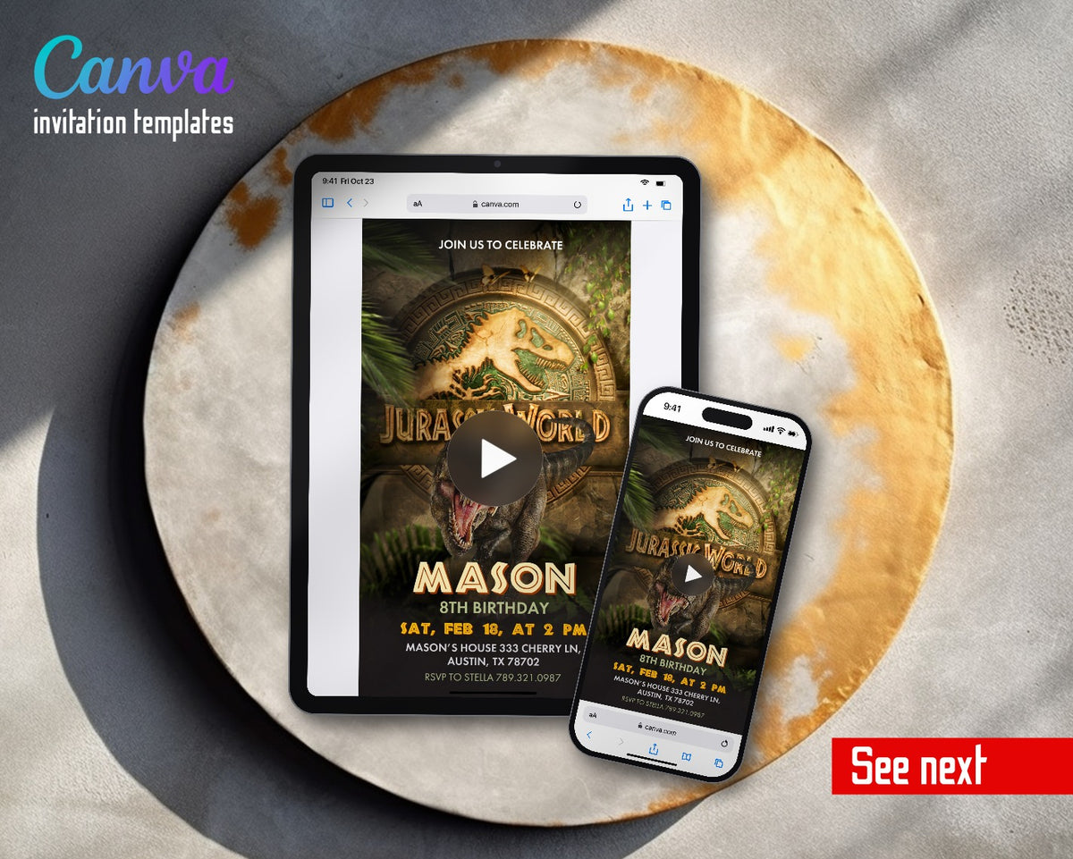 Jurassic World Rebirth Dinosaur Golden Temple T-rex Video Birthday Invitation | Animated Evite | Editable Canva