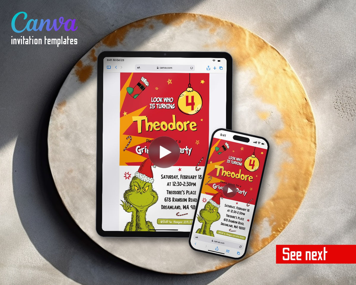 Dr Seuss How the Grinch Stole Christmas Red Ornament Santa Hat Video Birthday Invitation | Animated Evite | Editable Canva