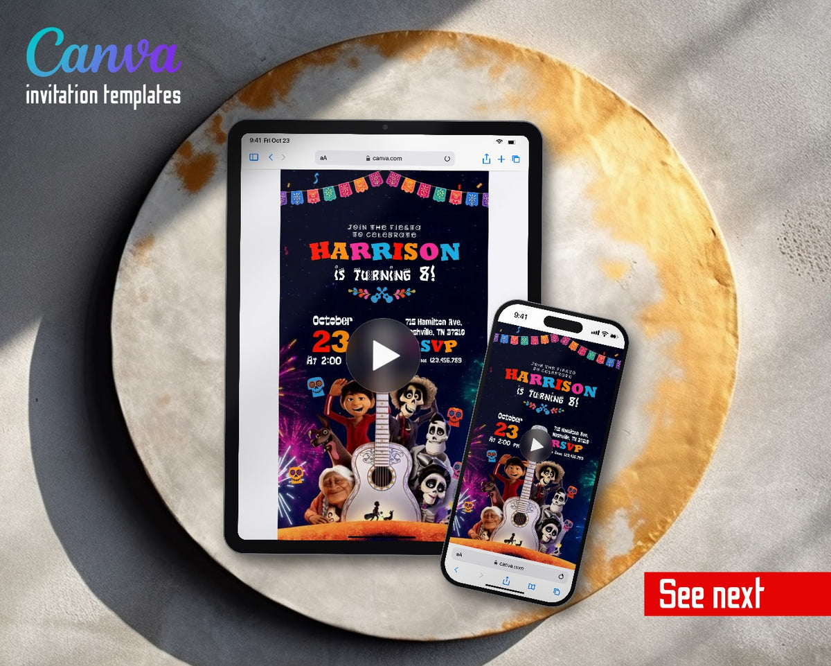 Coco Día Muertos Halloween Fiesta Guitar Family Video Birthday Invitation | Animated Evite | Editable Canva