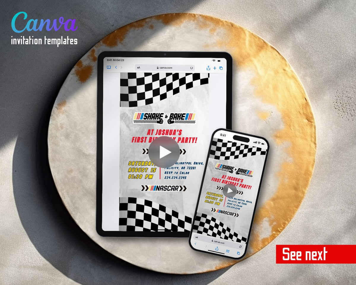 Nascar Racing Ricky Bobby Light Gray Shake Bake Video Birthday Invitation | Animated Evite | Editable Canva