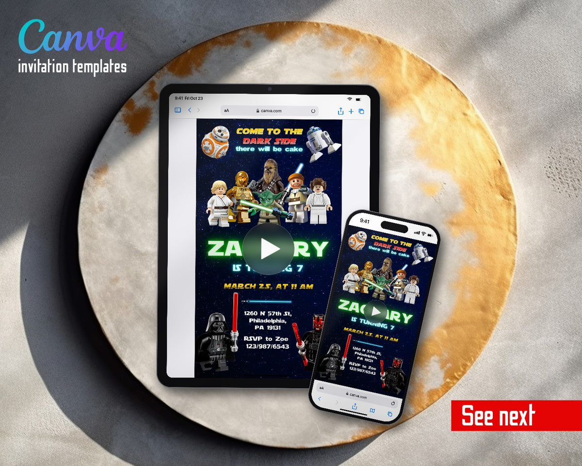 Star Wars Darth Vader Lego Minifigures Heroes Row Blue Space Video Birthday Invitation | Animated Evite | Editable Canva