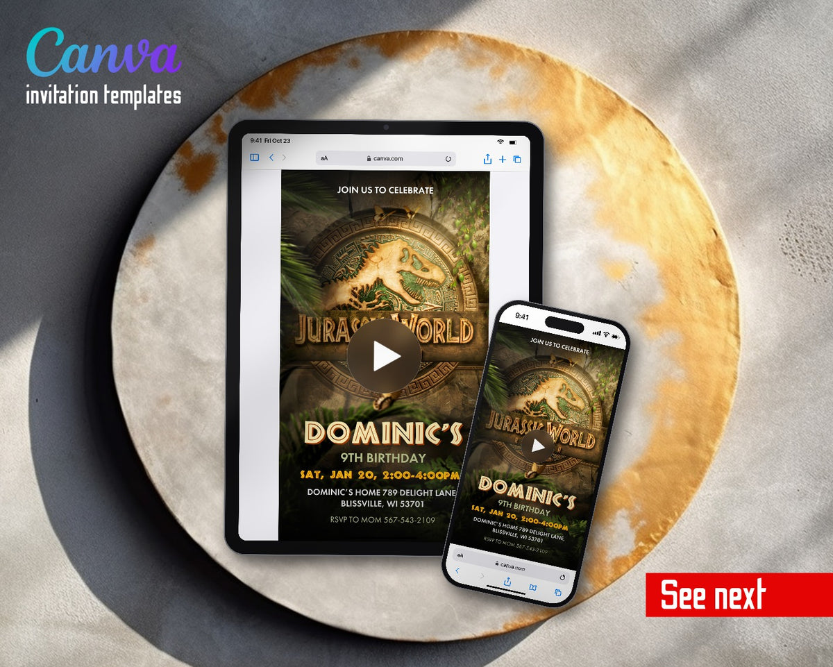 Jurassic World Rebirth Dinosaur Golden Medallion Video Birthday Invitation | Animated Evite | Editable Canva