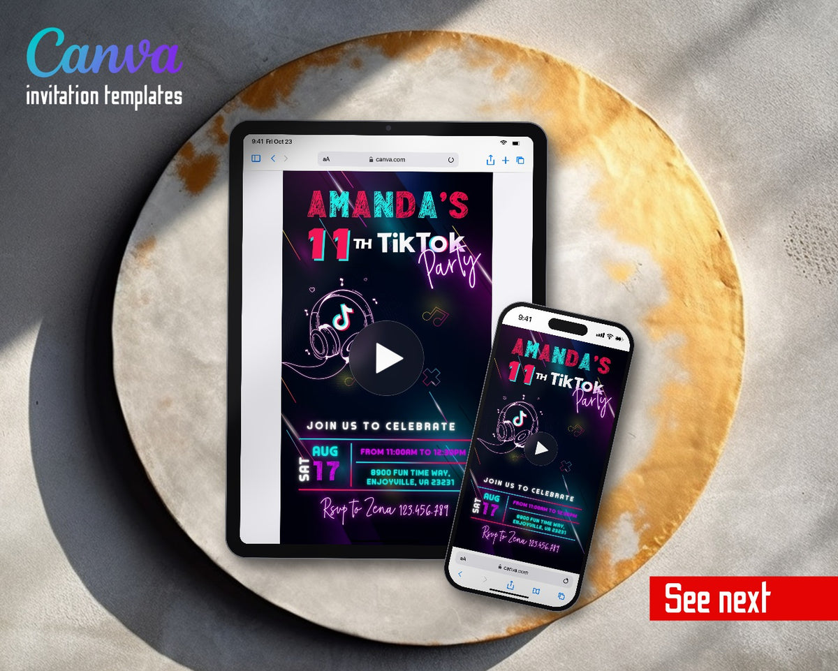 Tik Tok Party Neon Headphones TikTok Video Birthday Invitation | Animated Evite | Editable Canva