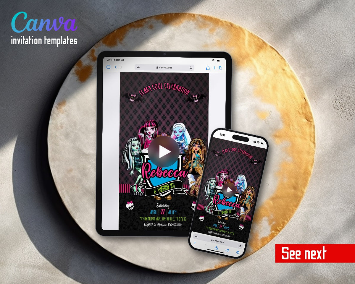 Monster High Blue Shield Group Pose Video Birthday Invitation | Animated Evite | Editable Canva