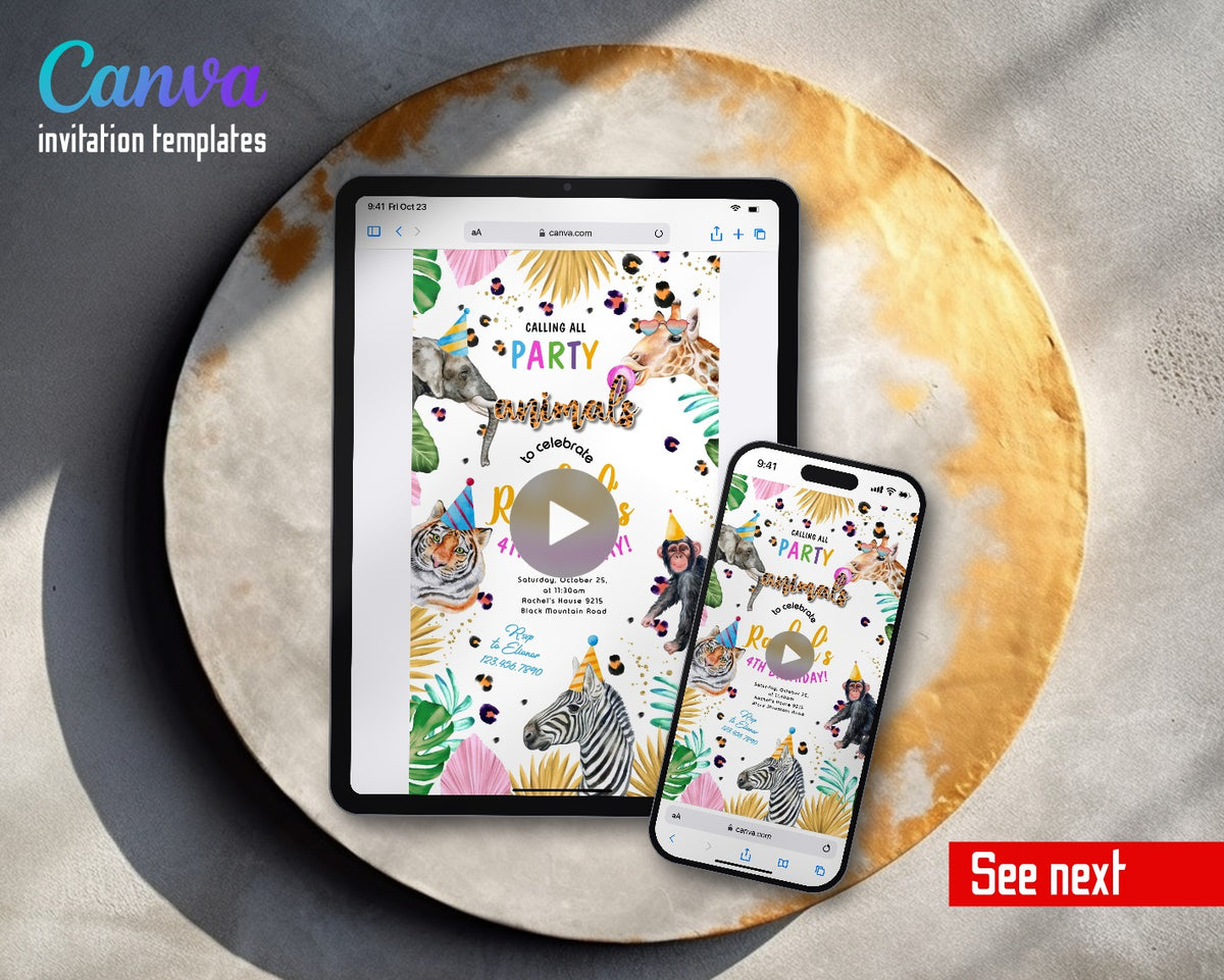 Animals Zoo Safari Party Video Birthday Invitation | Animated Evite | Editable Canva
