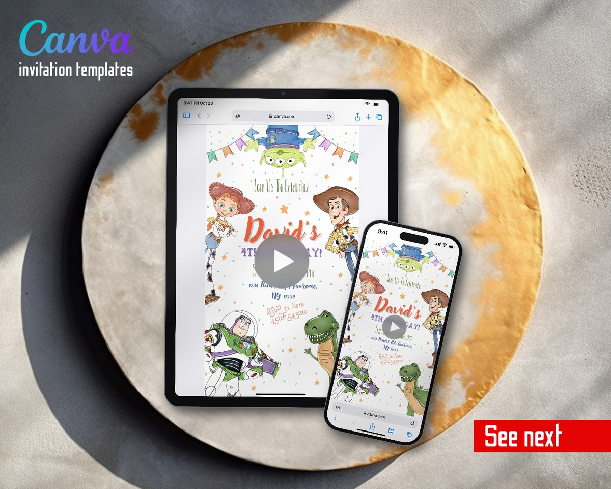 Toy Story Woody Buzz Lightyear Upside Down Alien Watercolor Video Birthday Invitation | Animated Evite | Editable Canva