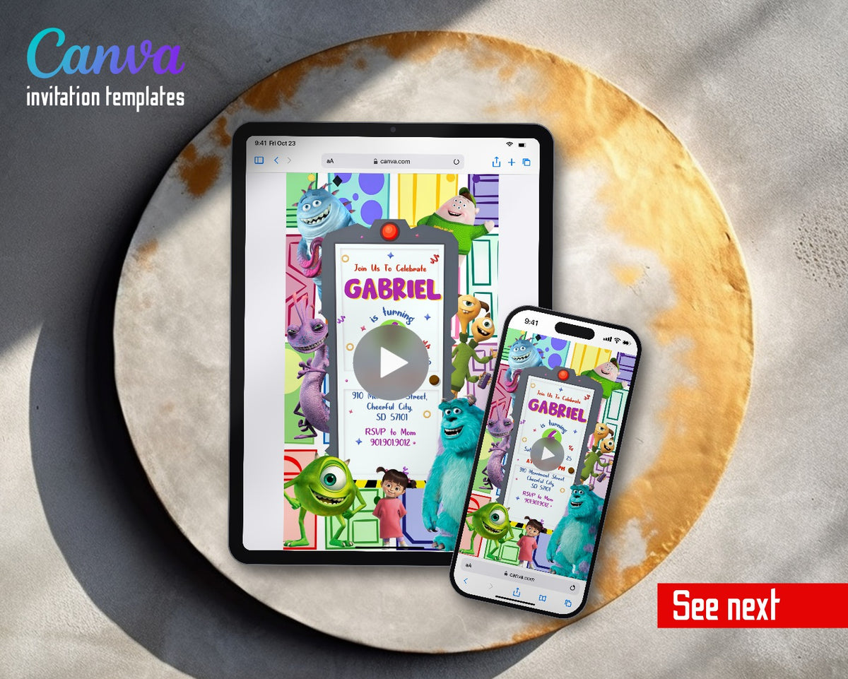 Monsters, Inc. Scare Door Collage Video Birthday Invitation | Animated Evite | Editable Canva