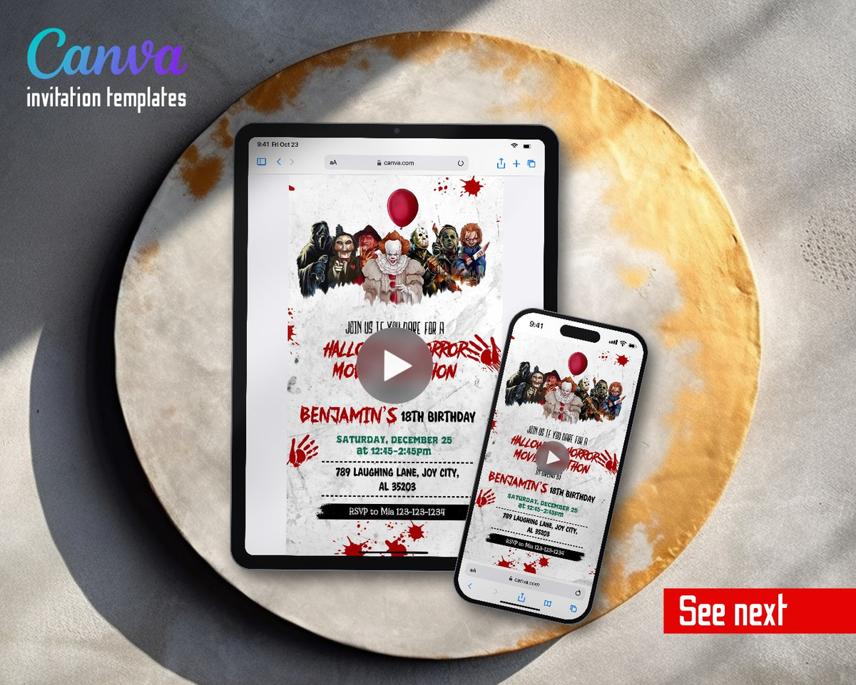 Horror Killer Movie Party Blood Splatter Marathon Video Birthday Invitation | Animated Evite | Editable Canva