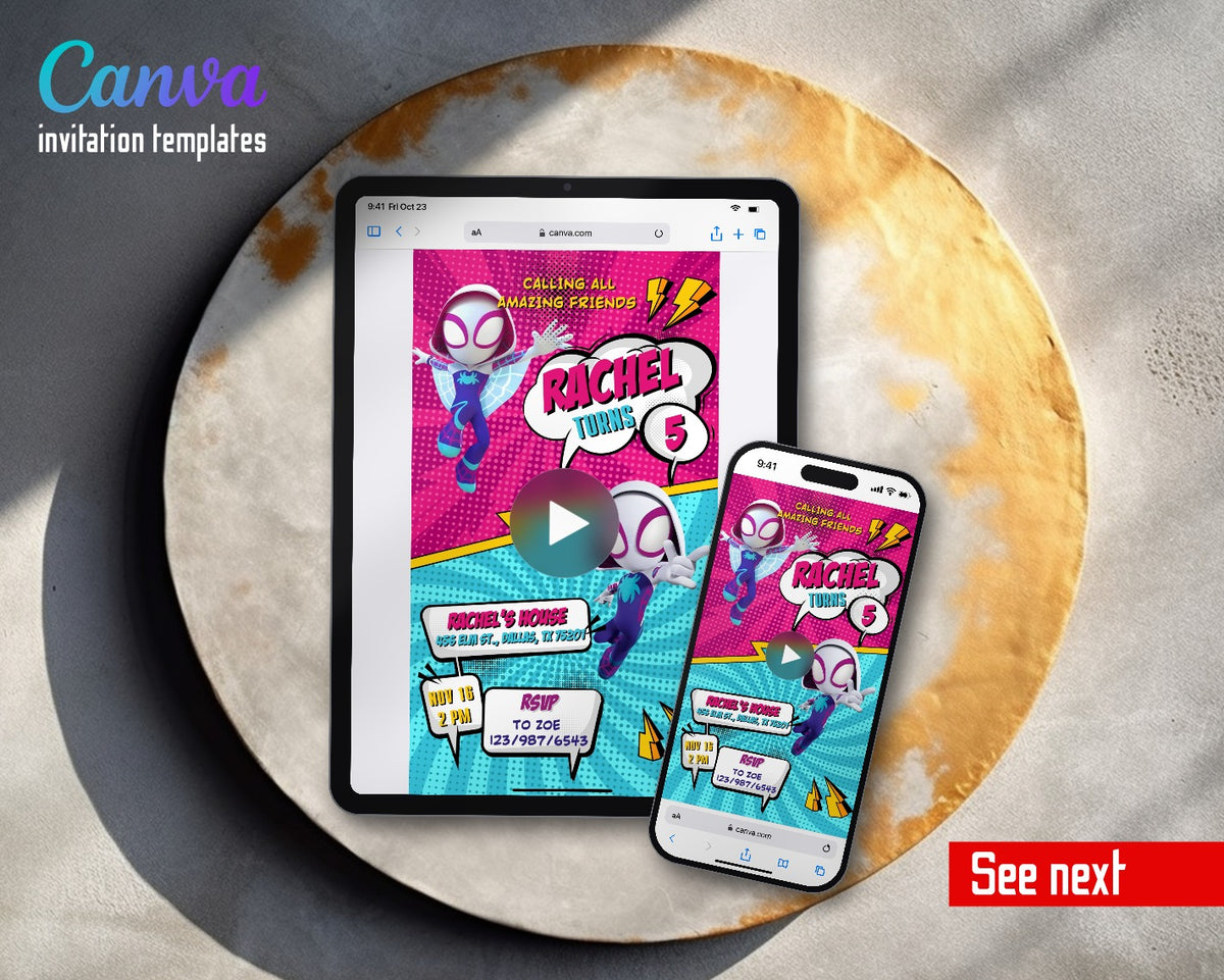 Spider Gwen Ghost Spidey Comic Pink Video Birthday Invitation | Animated Evite | Editable Canva